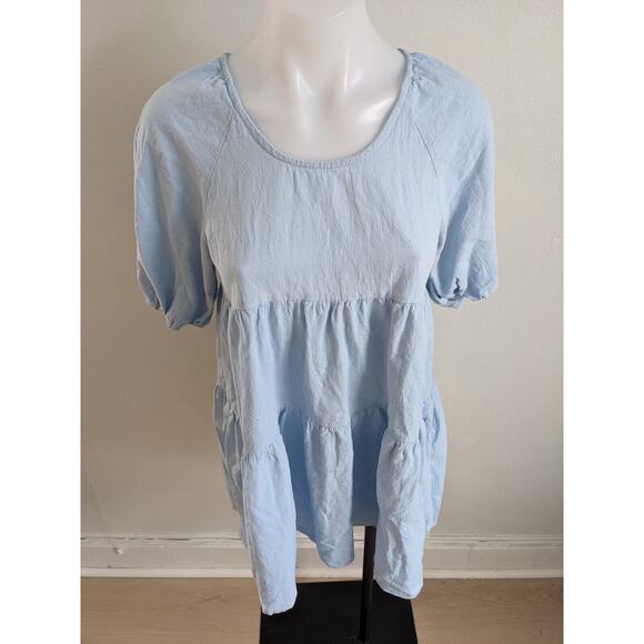 Amorini Size XS Baby Doll Tiered Shift Dress Light Blue Cotton Short Sleeves - Picture 6 of 14